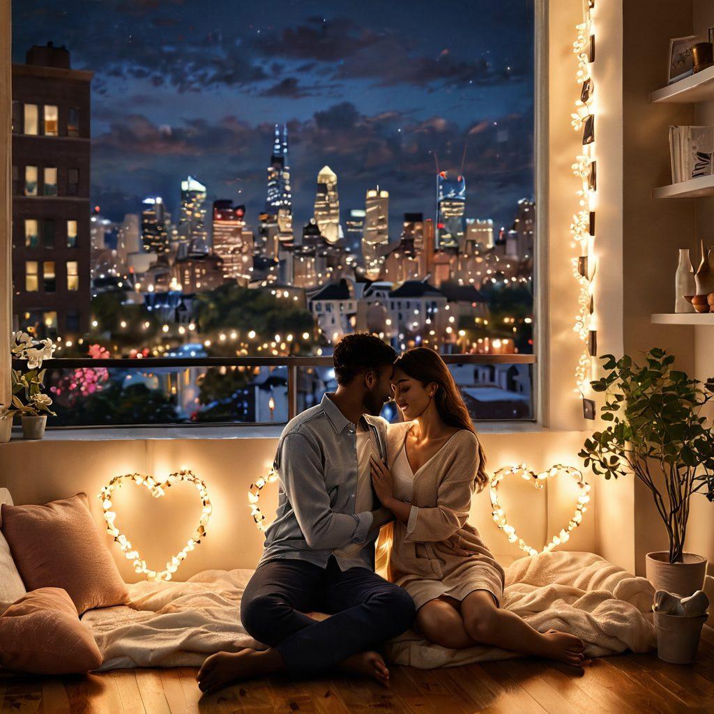 A warm, inviting scene depicting a diverse couple sharing a cozy moment, surrounded by symbols of intimacy like intertwined hands, heart-shaped objects, and soft glowing lights. Include elements such as a blossoming flower to represent growth and empowerment, and a subtle backdrop of city life to signify modern relationships. The atmosphere should feel intimate yet vibrant. super-realistic. warm colors. soft focus.