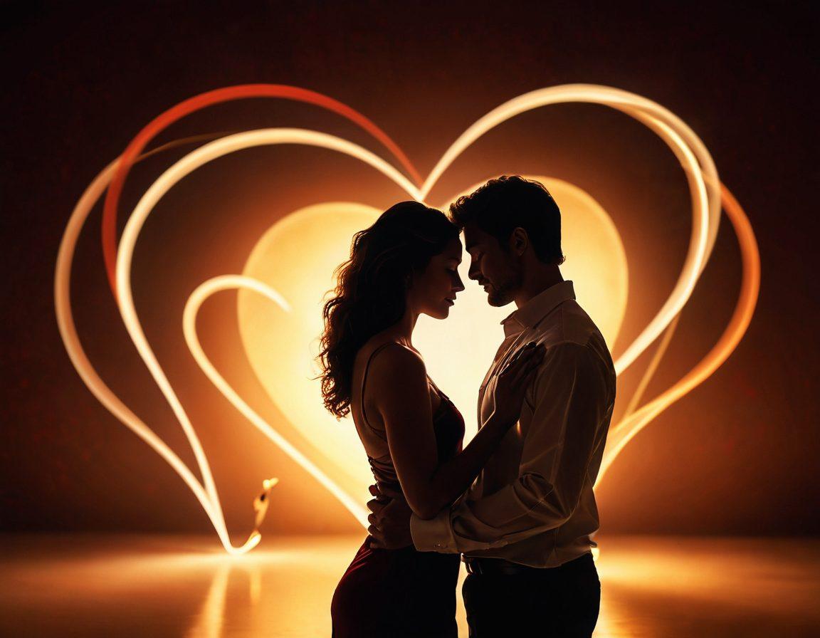 A passionate couple entwined in a moment of intimacy, surrounded by soft, warm lighting that highlights their emotions. Include subtle hints of modern dating tools, like a smartphone and a candlelit dinner setting. The background should be filled with gentle waves or soft fabric, symbolizing the depths of desire and sensuality. A hint of abstract heart shapes can float around them, representing connection. super-realistic. warm colors. soft focus.