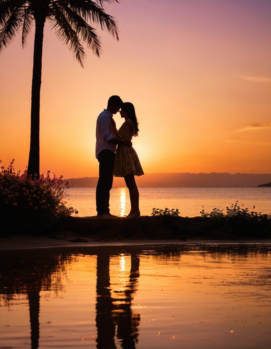 A heartfelt scene of two individuals locked in an intimate conversation under a shimmering sunset. Their body language exudes confidence and charm, with soft glances and magnetic smiles. Surrounding them are romantic elements like blooming flowers and twinkling fairy lights that enhance their connection. A backdrop of a scenic park or beach setting creates an atmosphere of allure and elegance. vibrant colors. super-realistic.